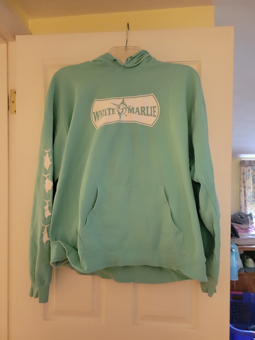 White Marlie Mint Green Hoodie with Fish Sleeve Graphics